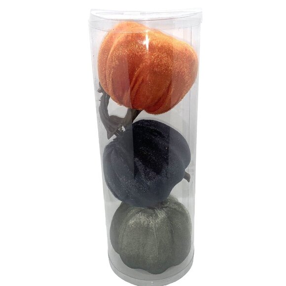 3PK Velvet Pumpkins Fall Halloween Decor SET OF 3 Green Black Orange 4 inches - Picture 1 of 3